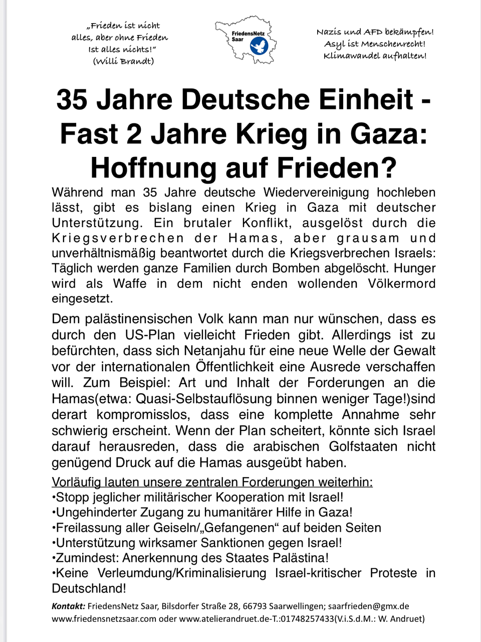 Aktueller Flyer des Friedensnetzes Saar, Stand 05.10.25