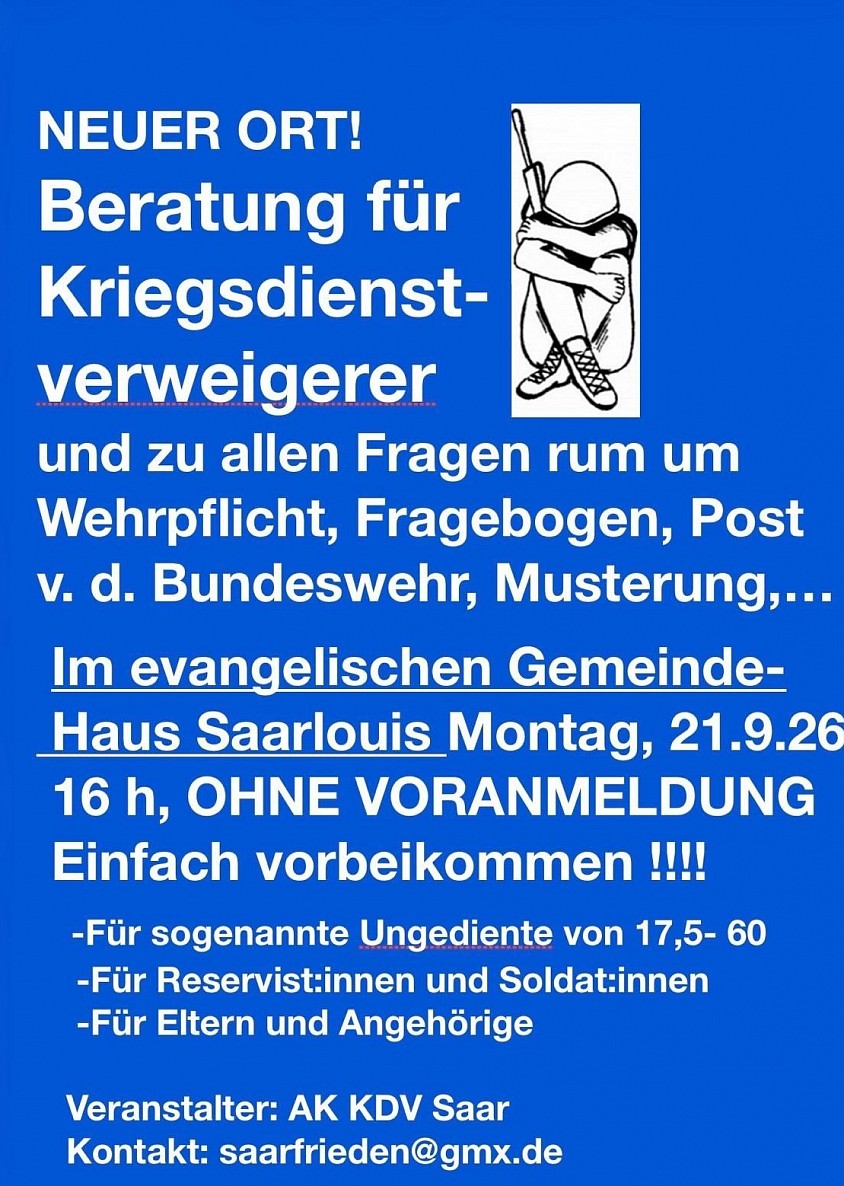 Ersttermin für KDV-Beratung in Saarlouis, danach grundsätzlich an jedem dritten Montag im Monat um 16h